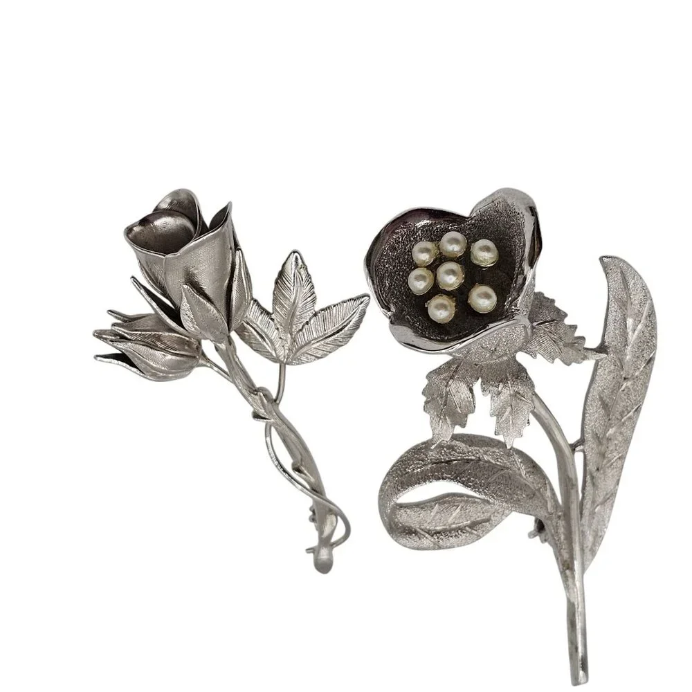 2PC Brooch SilverTone Spring Tulip Lily Floral Lapel Pin Brooch Lot Stmt Elegant